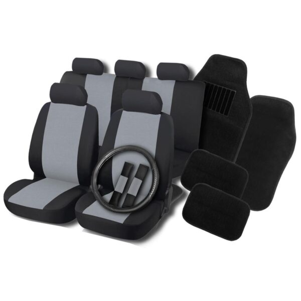 Set huse scaune, volan si covorase auto RoGroup, negru-gri,  16 buc